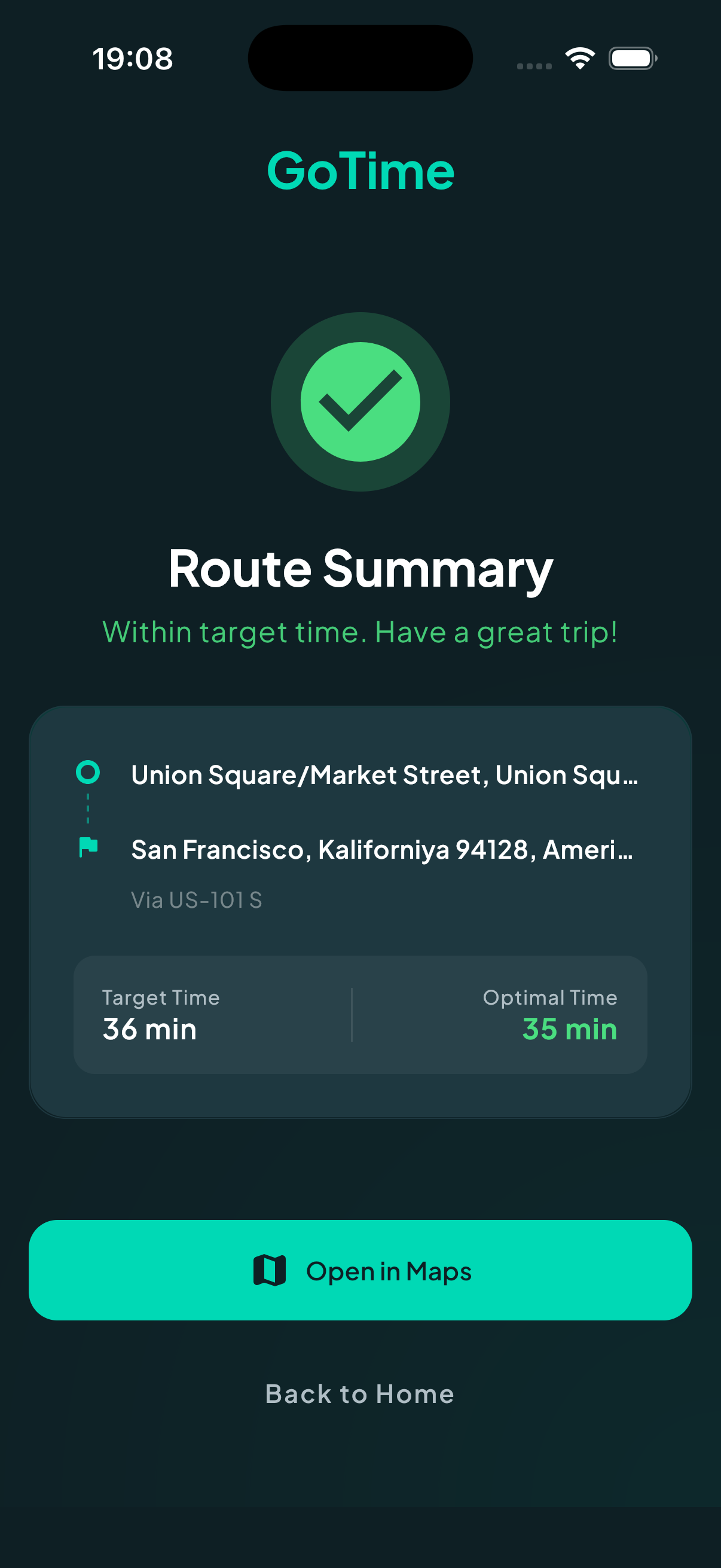 GoTime: Traffic Alerts success screen