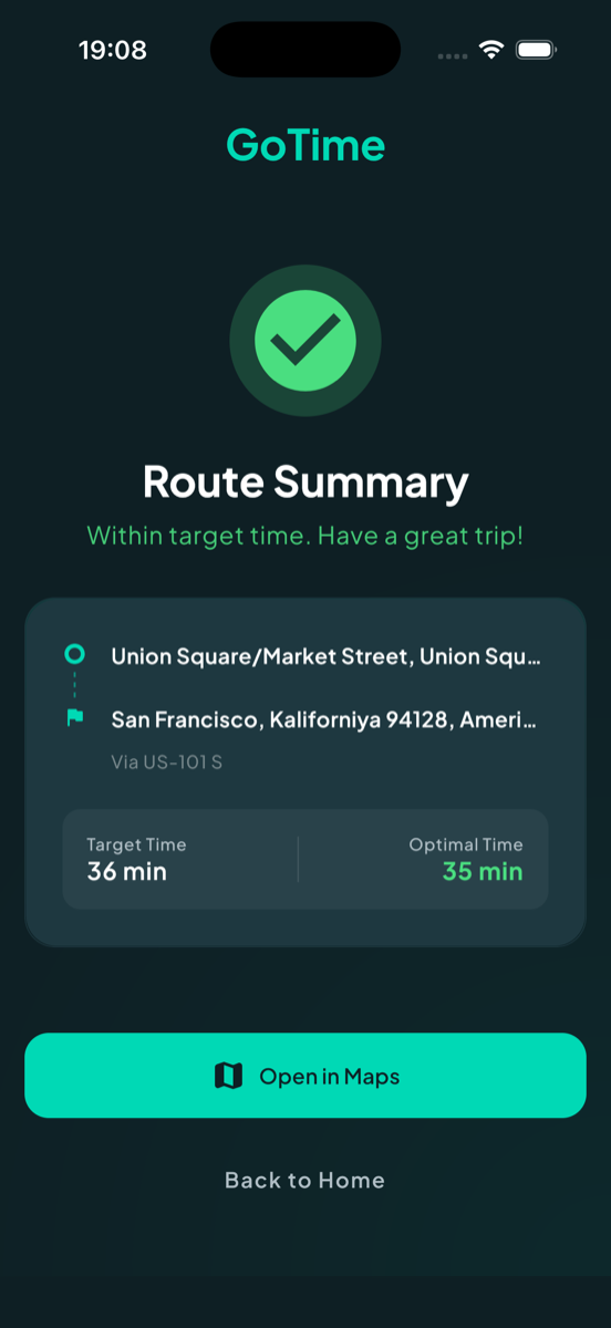 GoTime: Traffic & ETA Alerts success screen
